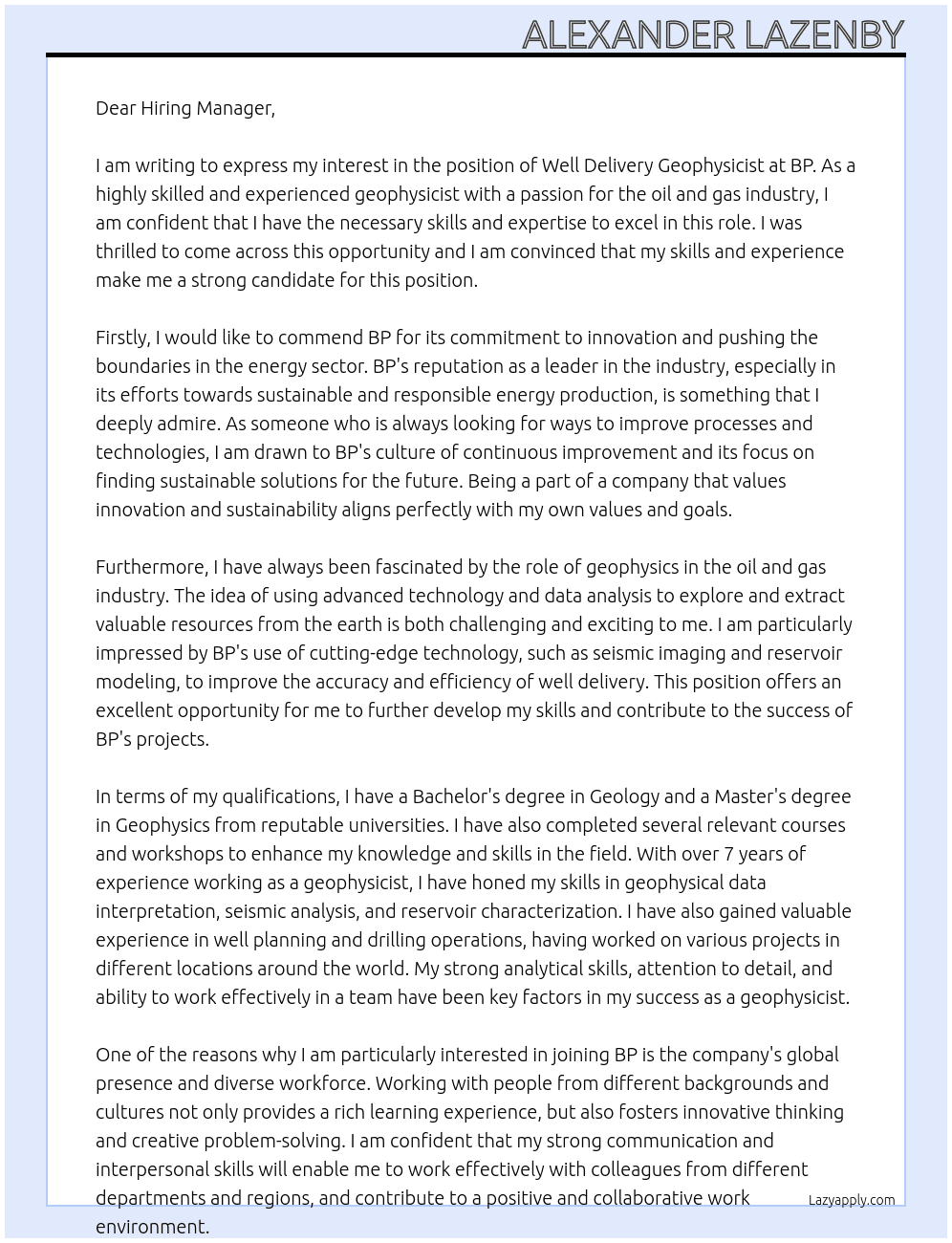 Well Delivery Geophysicist At BP Cover Letter