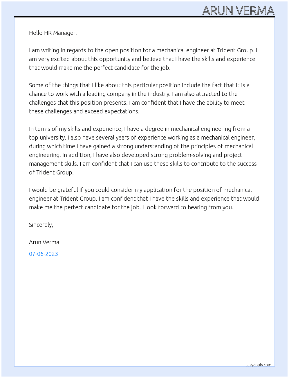 MECHANICAL ENGINEER At TRIDENT GROUP Cover Letter