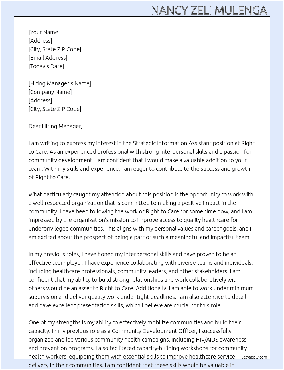 Strategic information, assistant At Right to care Cover Letter