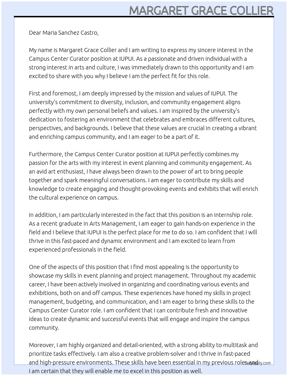 Campus Center Curator At IUPUI Cover Letter