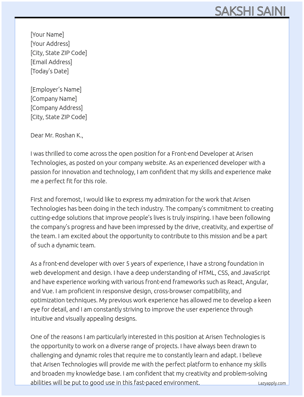 Front-end Developer  At Arisen Technologies  Cover Letter