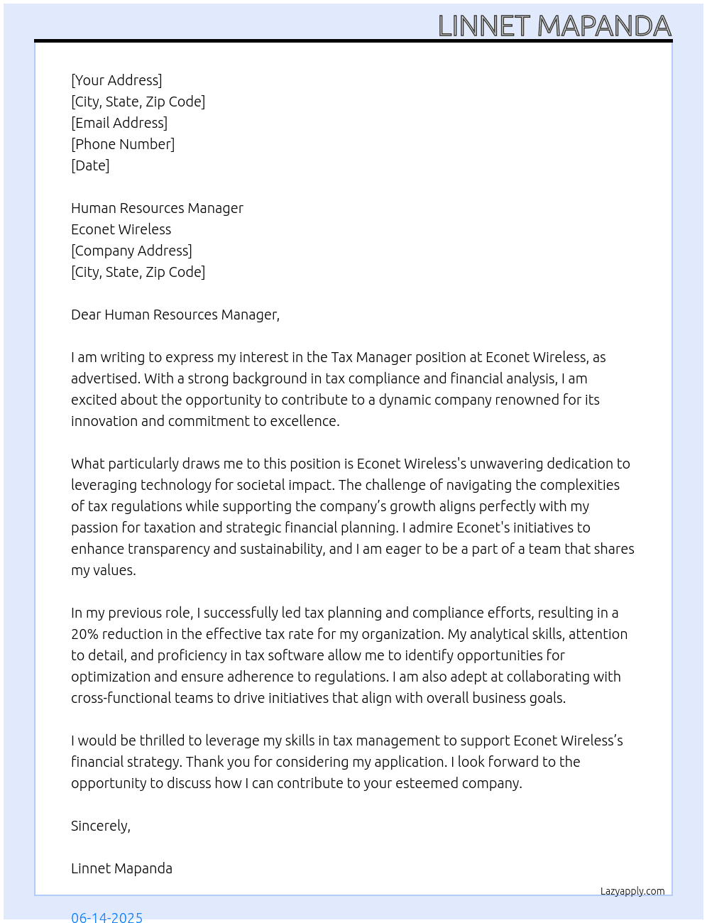 TAX MANAGER At econet wireless Cover Letter