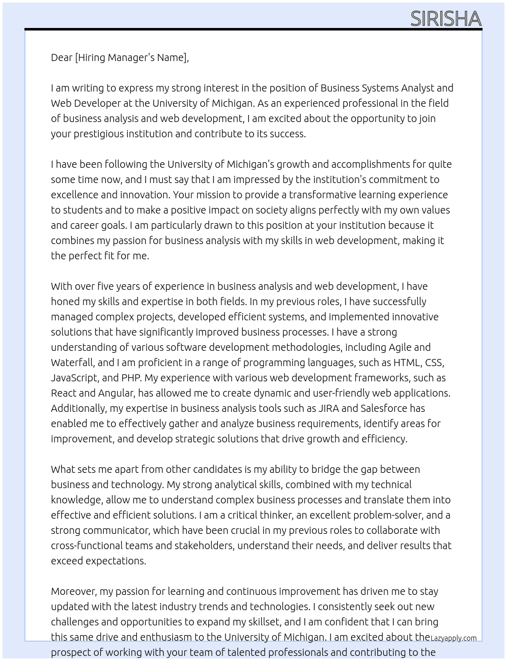 business systems analyst and web developer At university of michigan Cover Letter