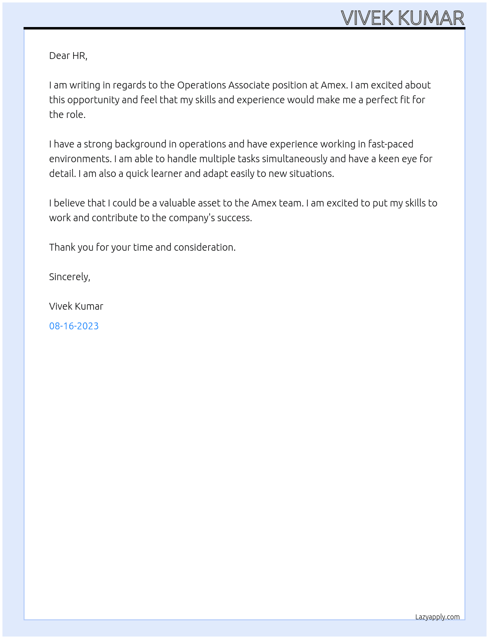 Operation associate  At Amex Cover Letter