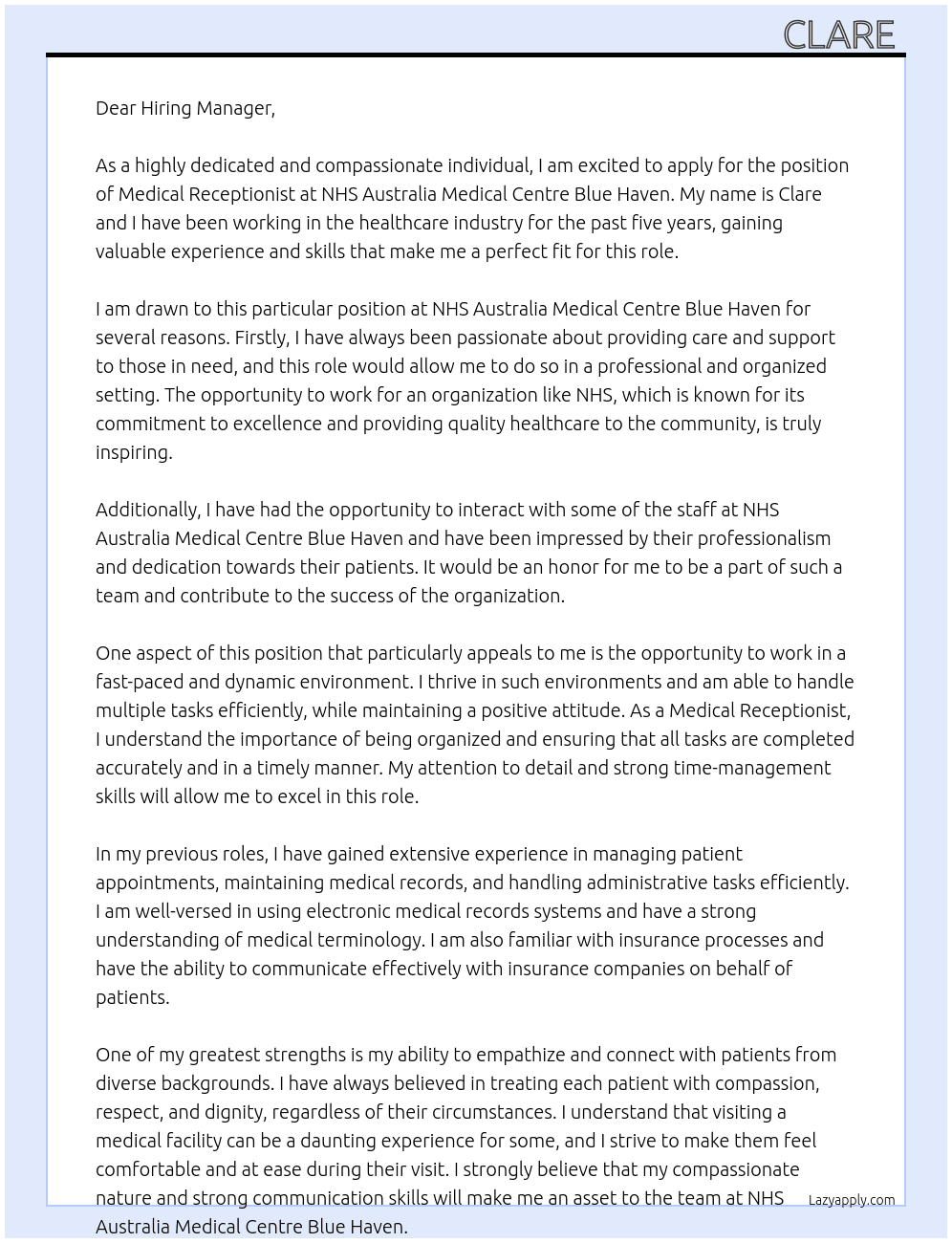 Medical Receptionist  At NHS Australia Medical centre Blue Haven  Cover Letter