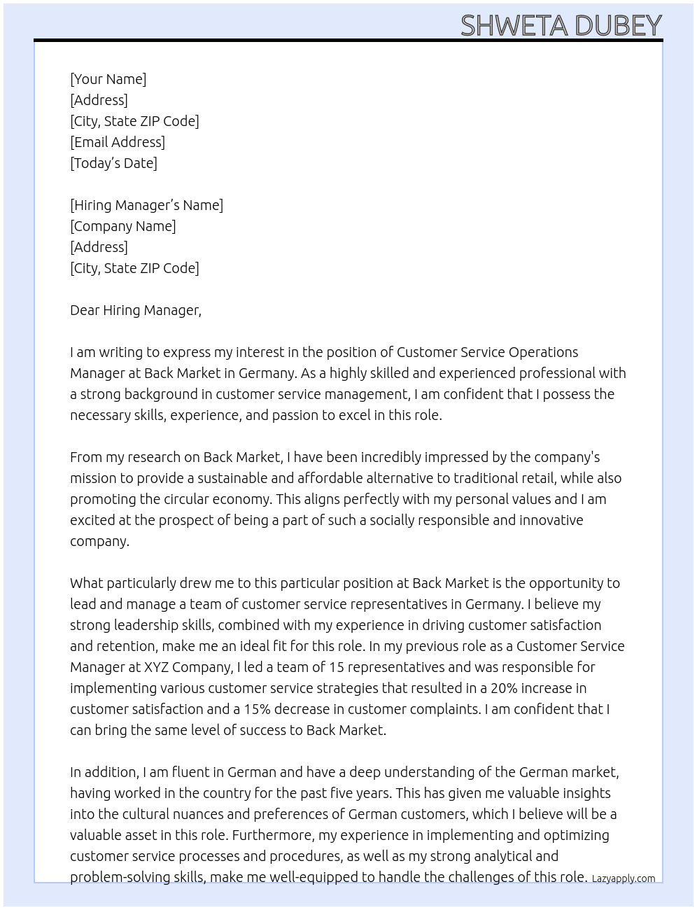 Customer Service Operations Manager - Germany At Back Market Cover Letter