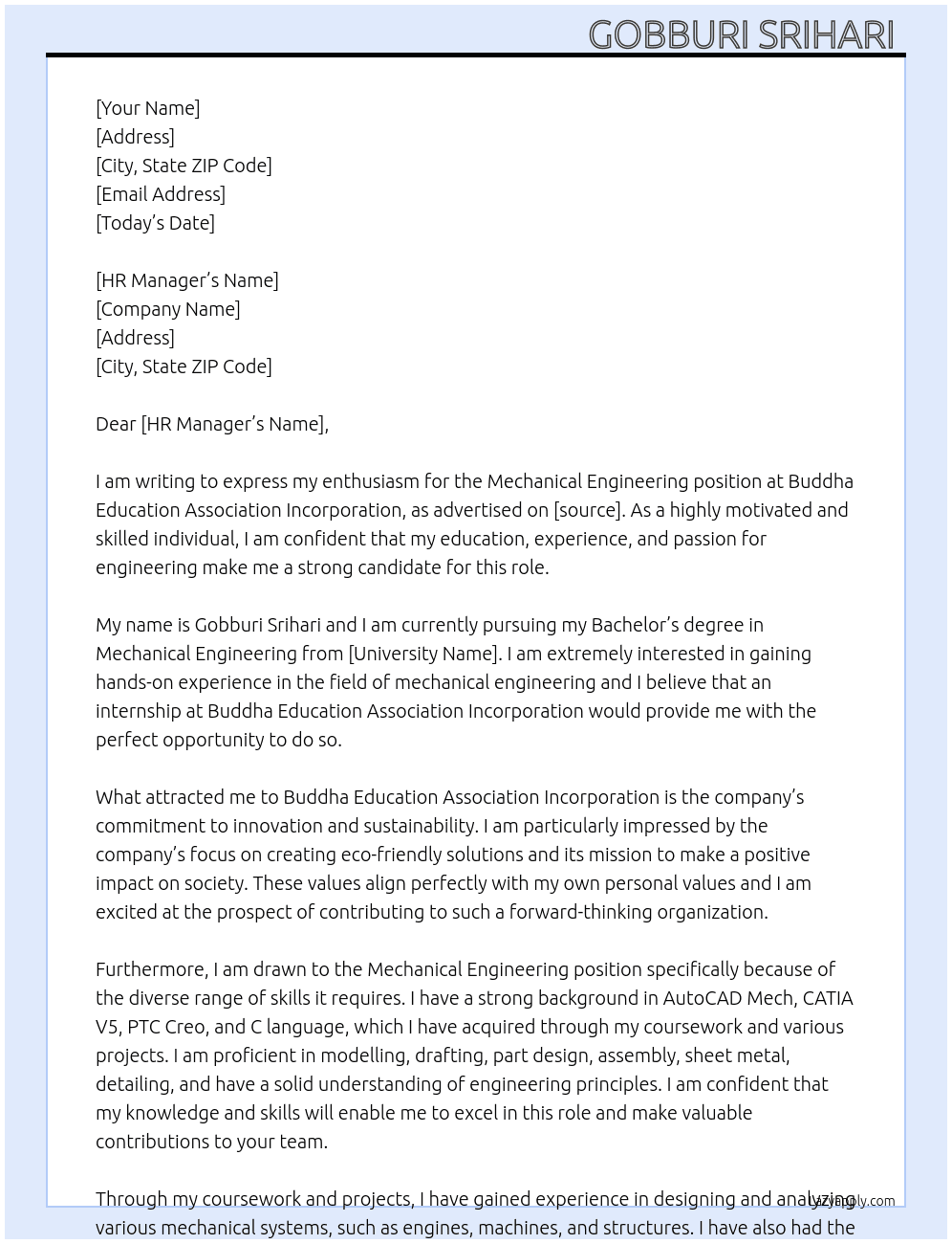 Mechanical engineering  At Buddha education association incorporation  Cover Letter