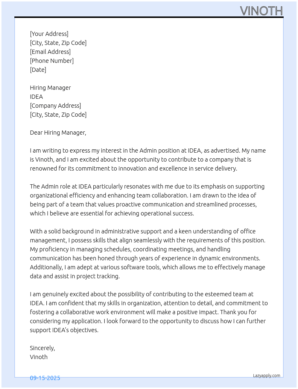Admin At IDEA Cover Letter