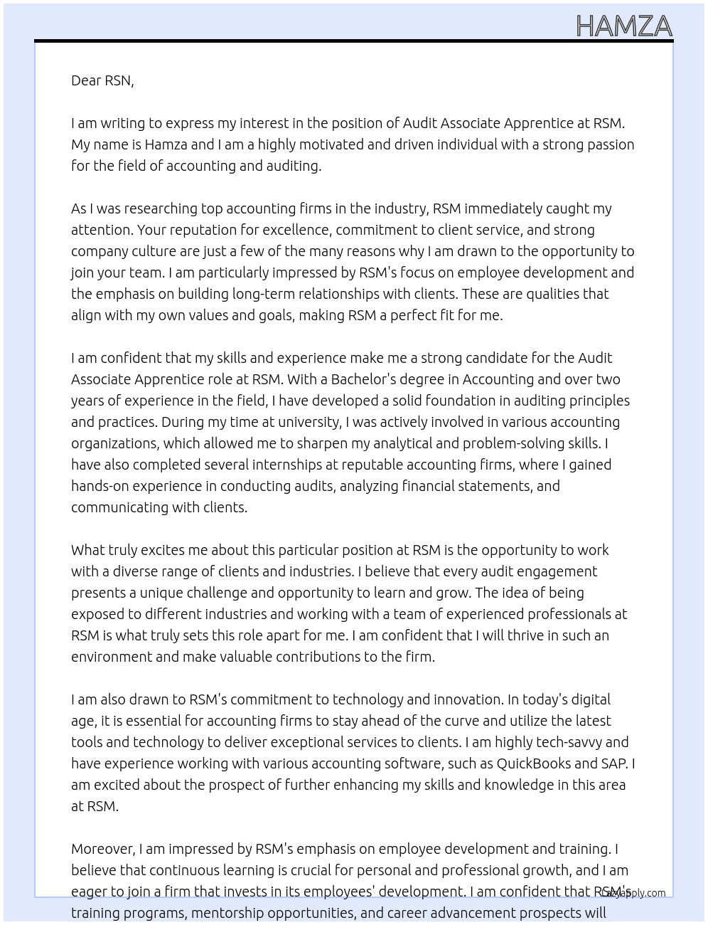 audit associate apprentice At RSM Cover Letter