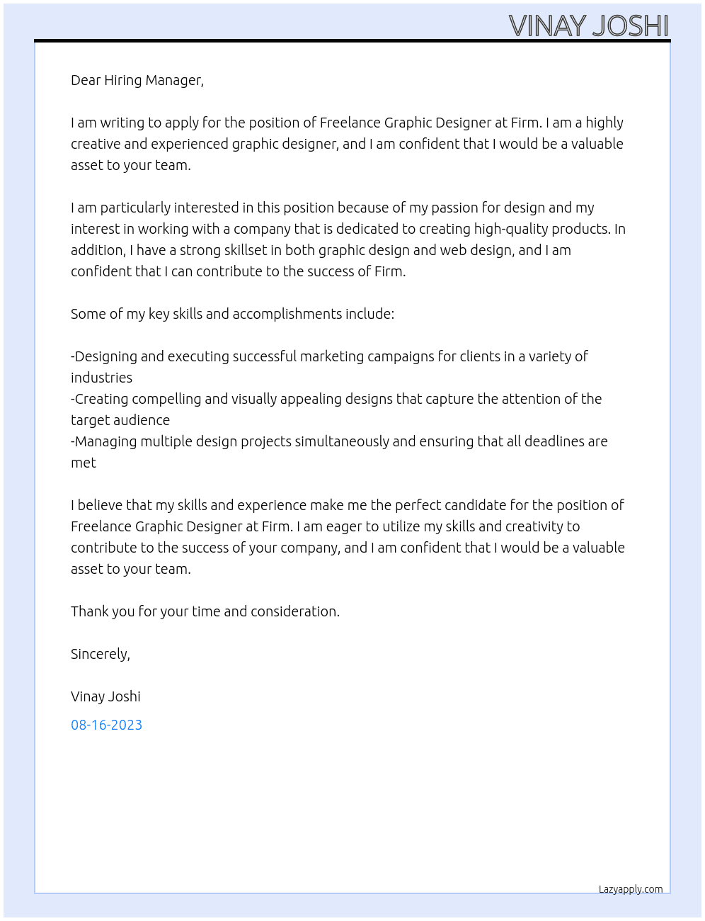 Freelance Graphic Designer At Firm Cover Letter