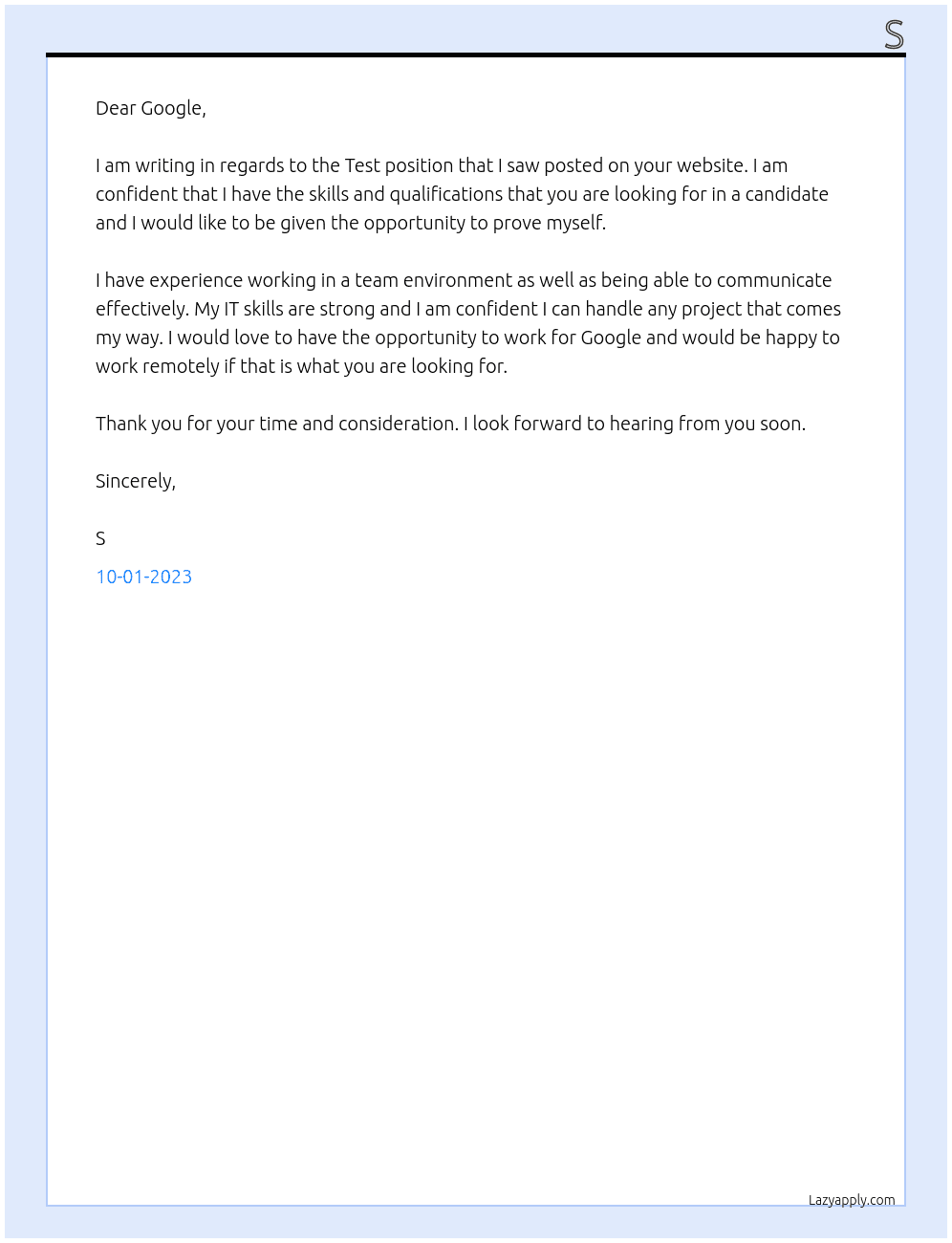 Cover letter for test - LazyApply
