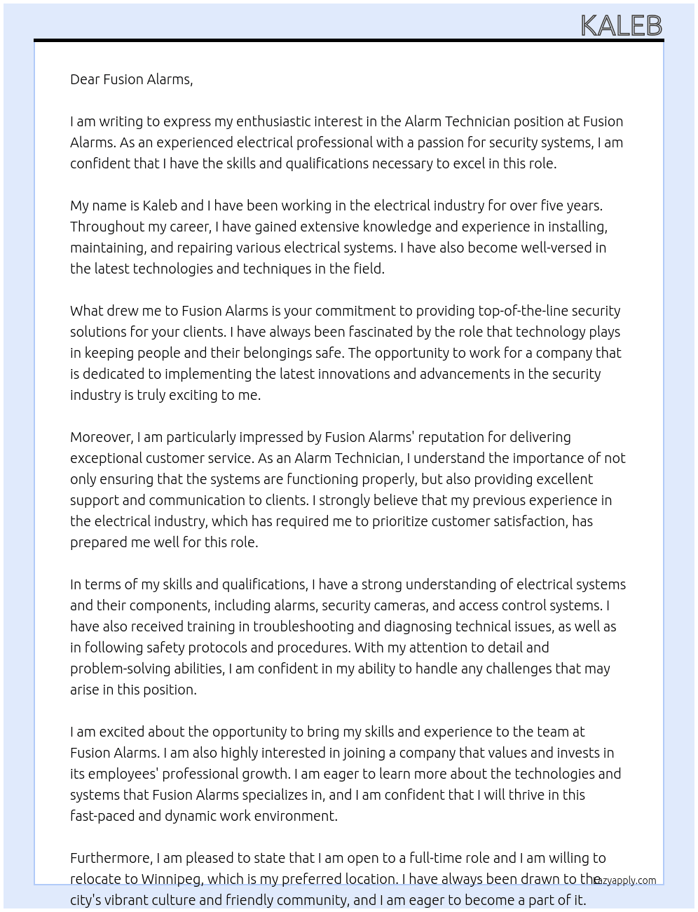 Alarm technician  At Fusion alarms Cover Letter