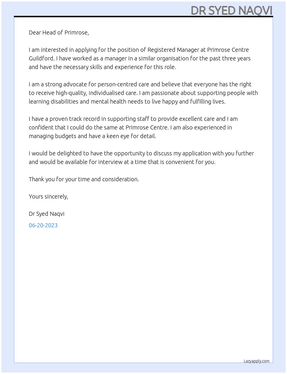 Registered Manager At Primrose Centre Guildford Cover Letter