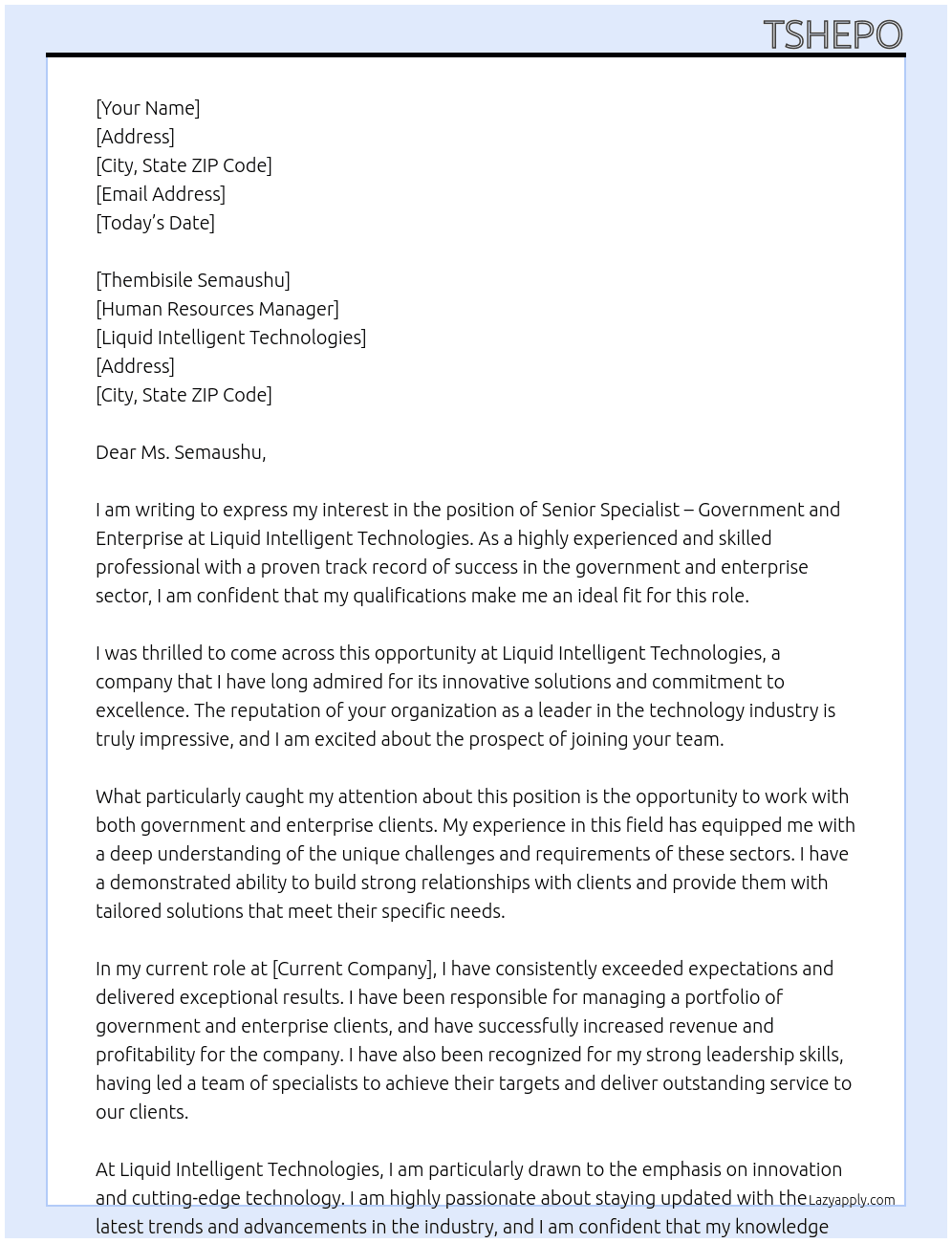 Senior Specialist – Government and Enterprise At Liquid Intelligent Technologies Cover Letter