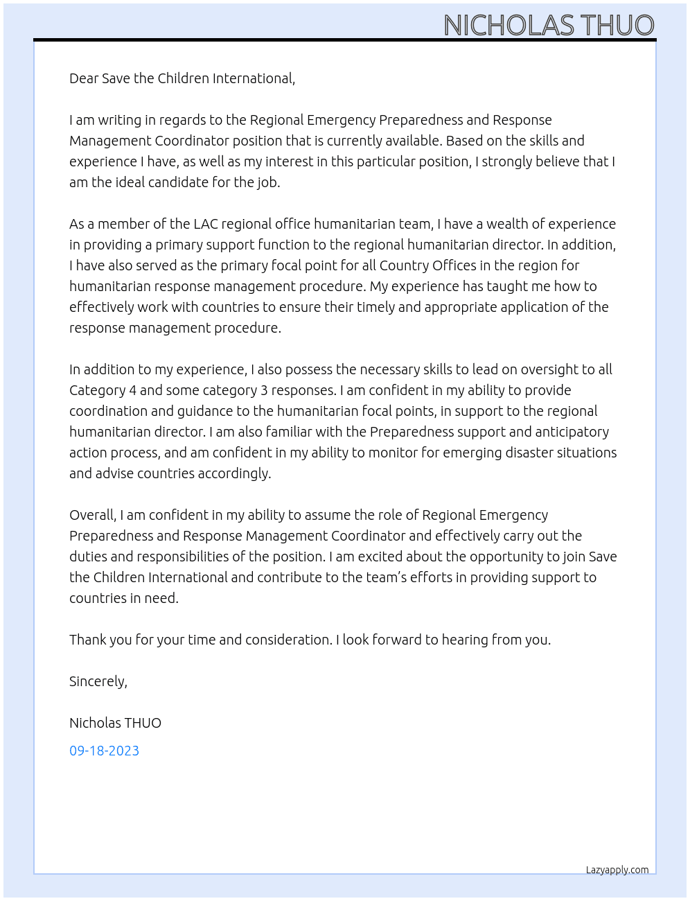 Regional Emergency Preparedness and Response Management Coordinator At Save the Children International Cover Letter