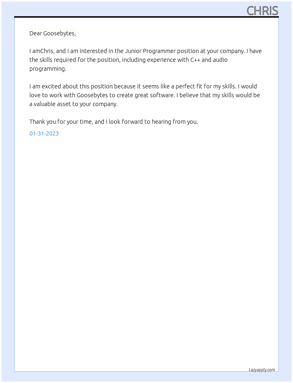 Junior Programmer At Goosebytes Cover Letter