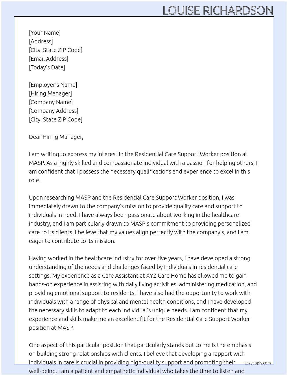 Residential Care Support Worker At MASP  Cover Letter