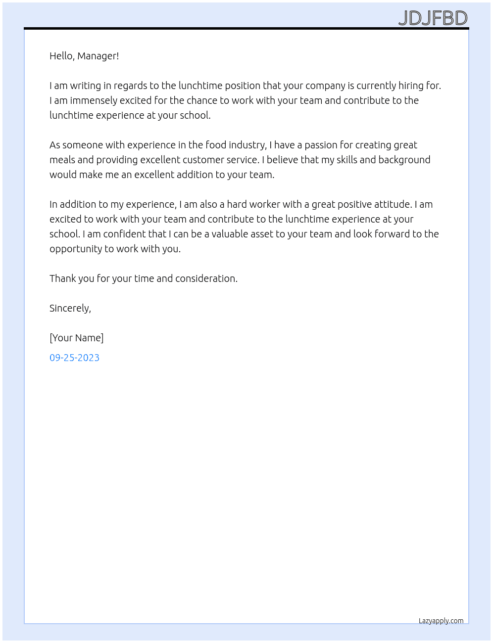 Lunchtime At School lunchtime Cover Letter