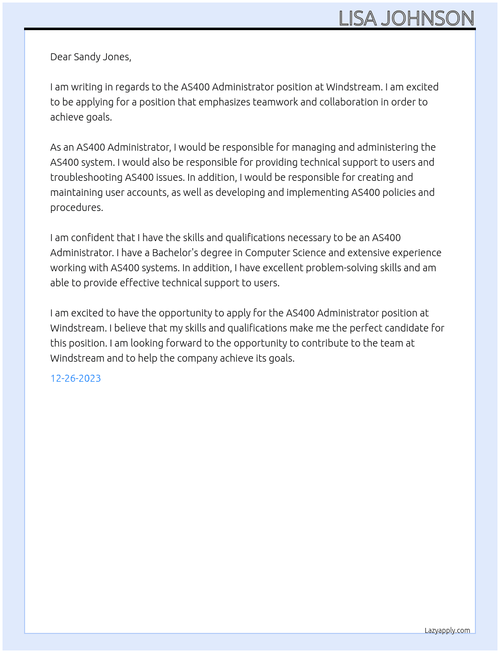 AS400 Administrator At Windstream Cover Letter