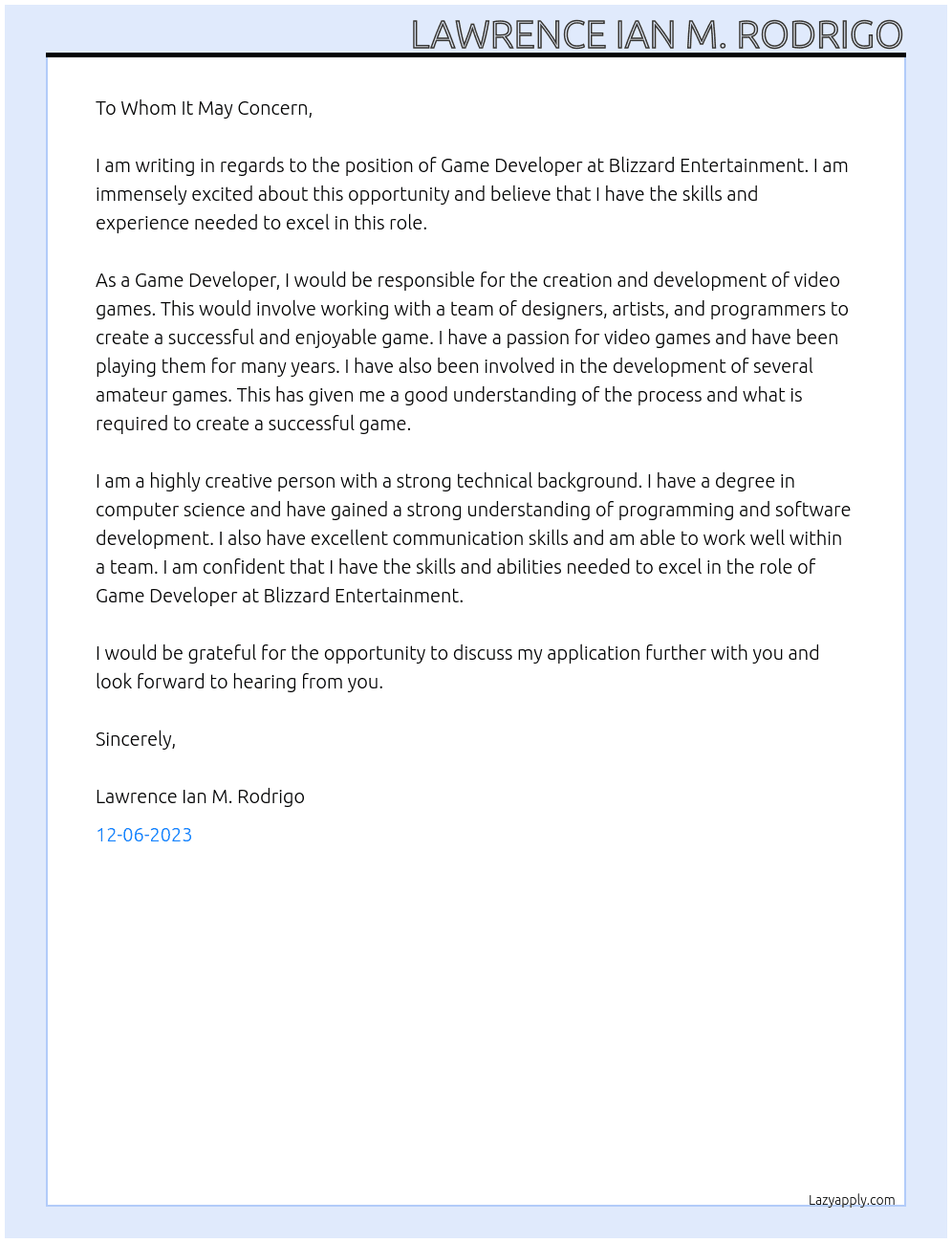 Game Developer At Blizzard entertainment  Cover Letter