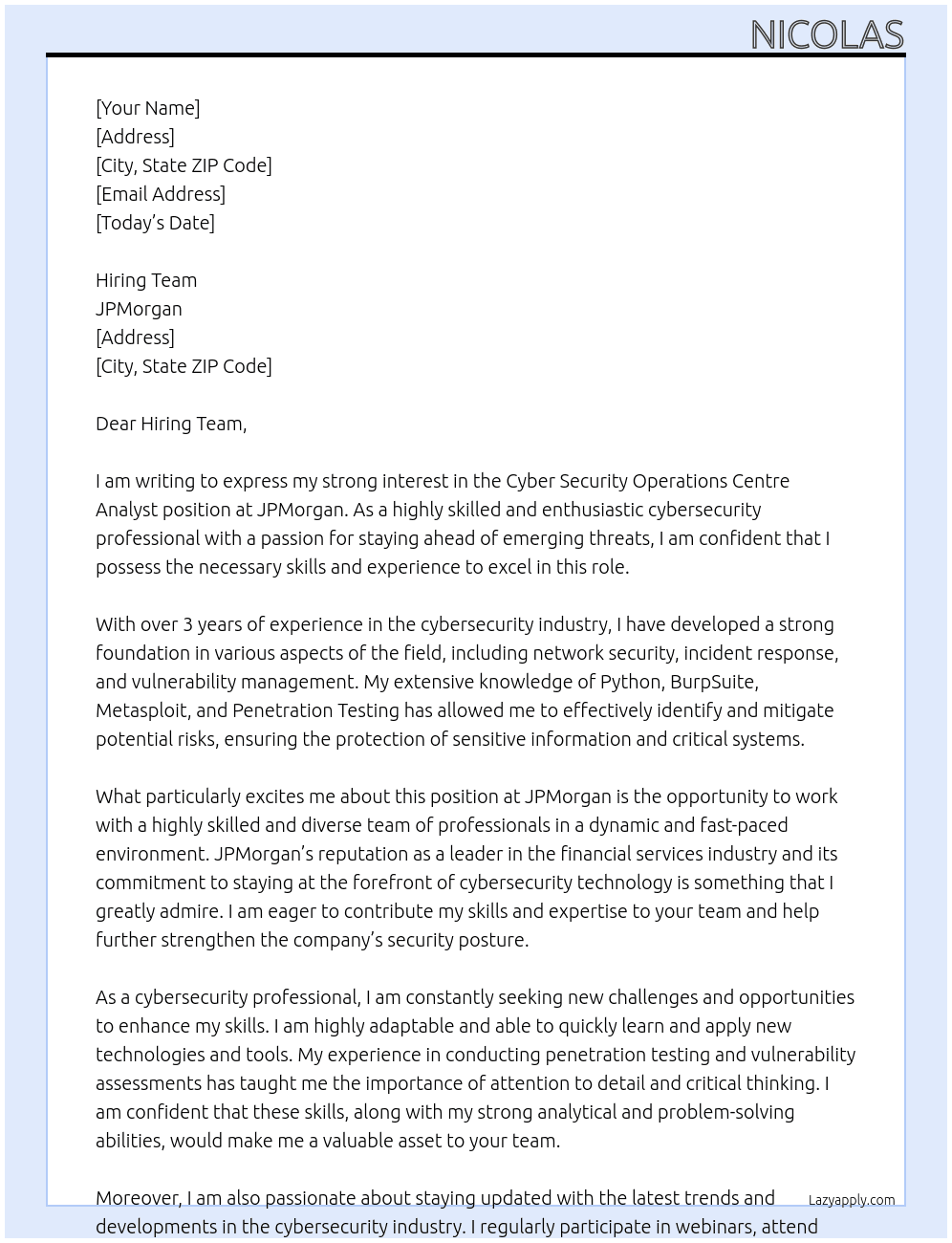 Cyber Security Operations Centre Analyst At JPMorgan Cover Letter