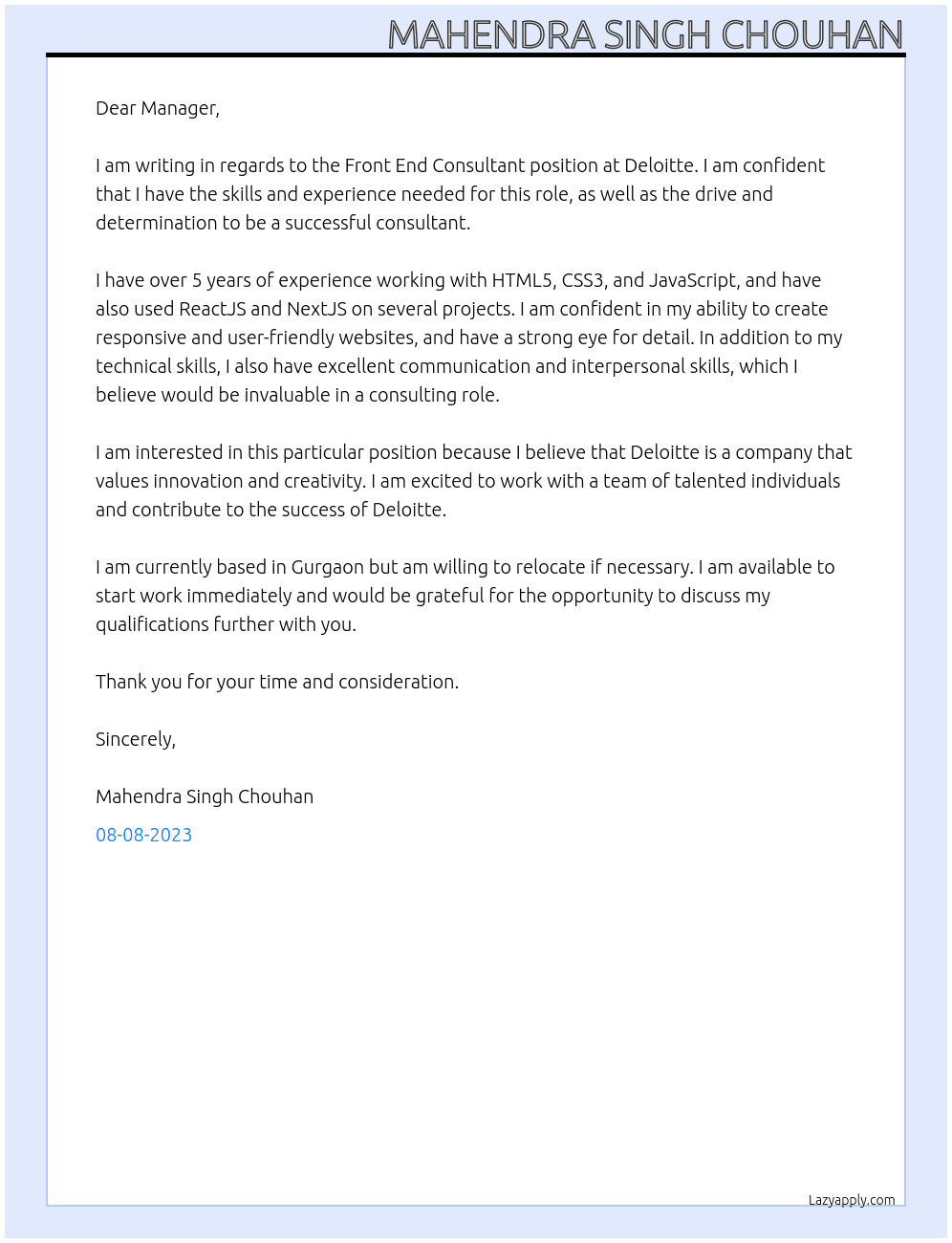 Front End Consultant At Deloitee. Cover Letter