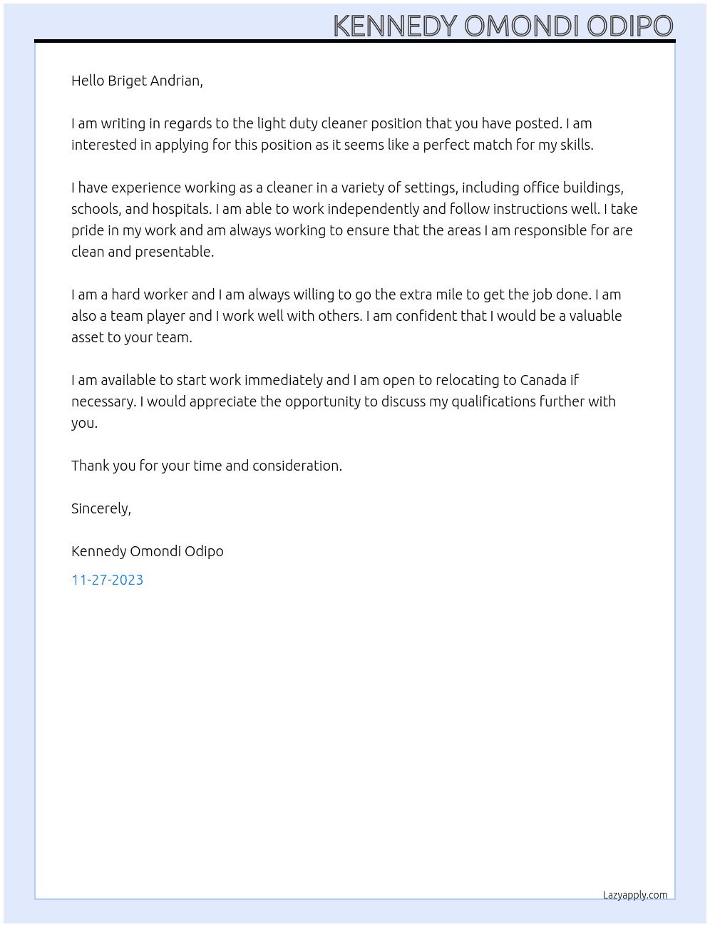 Light duty cleaner At Gestion Matte, Gauthier ex DOXY Cover Letter