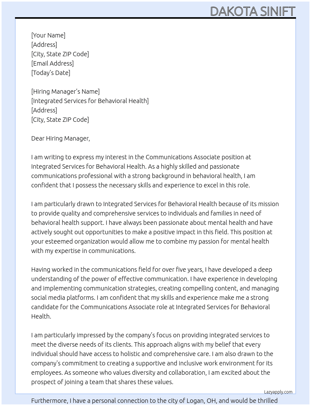 Communications Associate At Integrated Services for Behavioral Health  Cover Letter