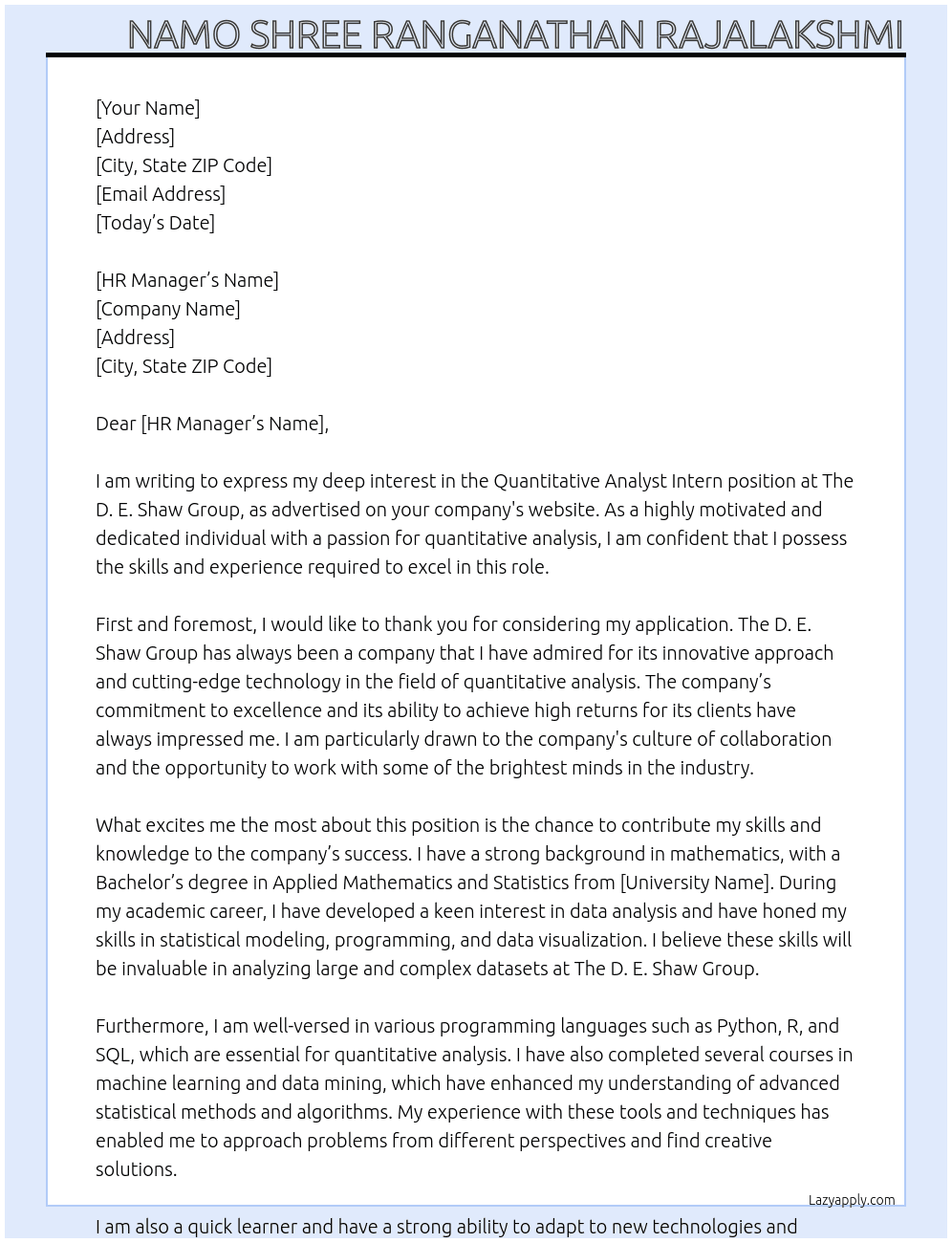 Quantitative Analyst Intern At The D. E. Shaw Group  Cover Letter
