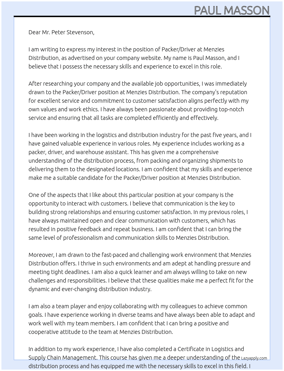Packer/driver  At Menzies distribution Cover Letter