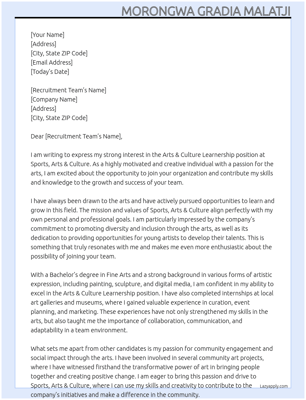 Cover letter for arts & culture learnership - LazyApply