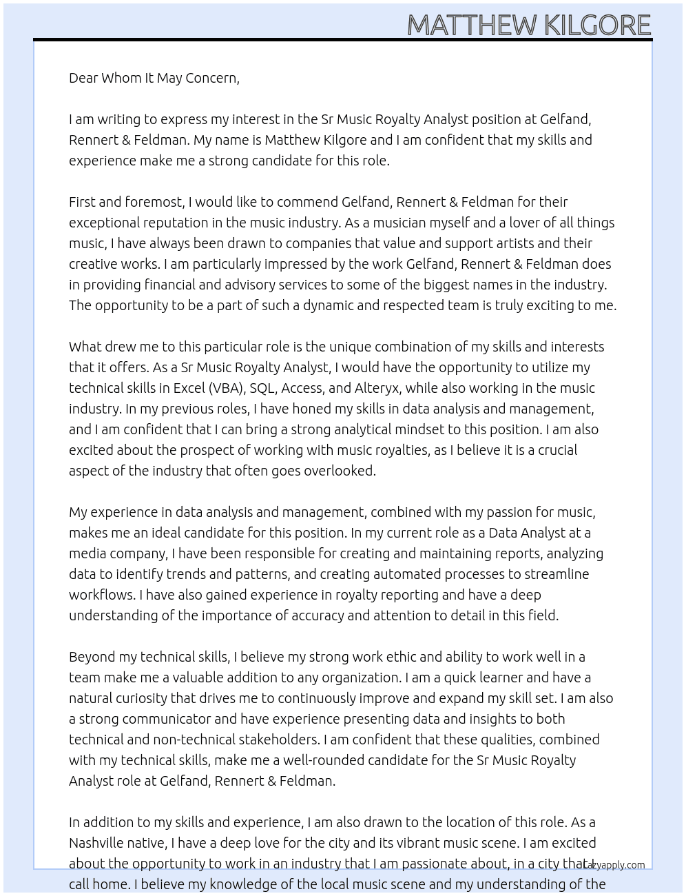 Sr Music Royalty Analyst At Gelfand, Rennert & Feldman Cover Letter