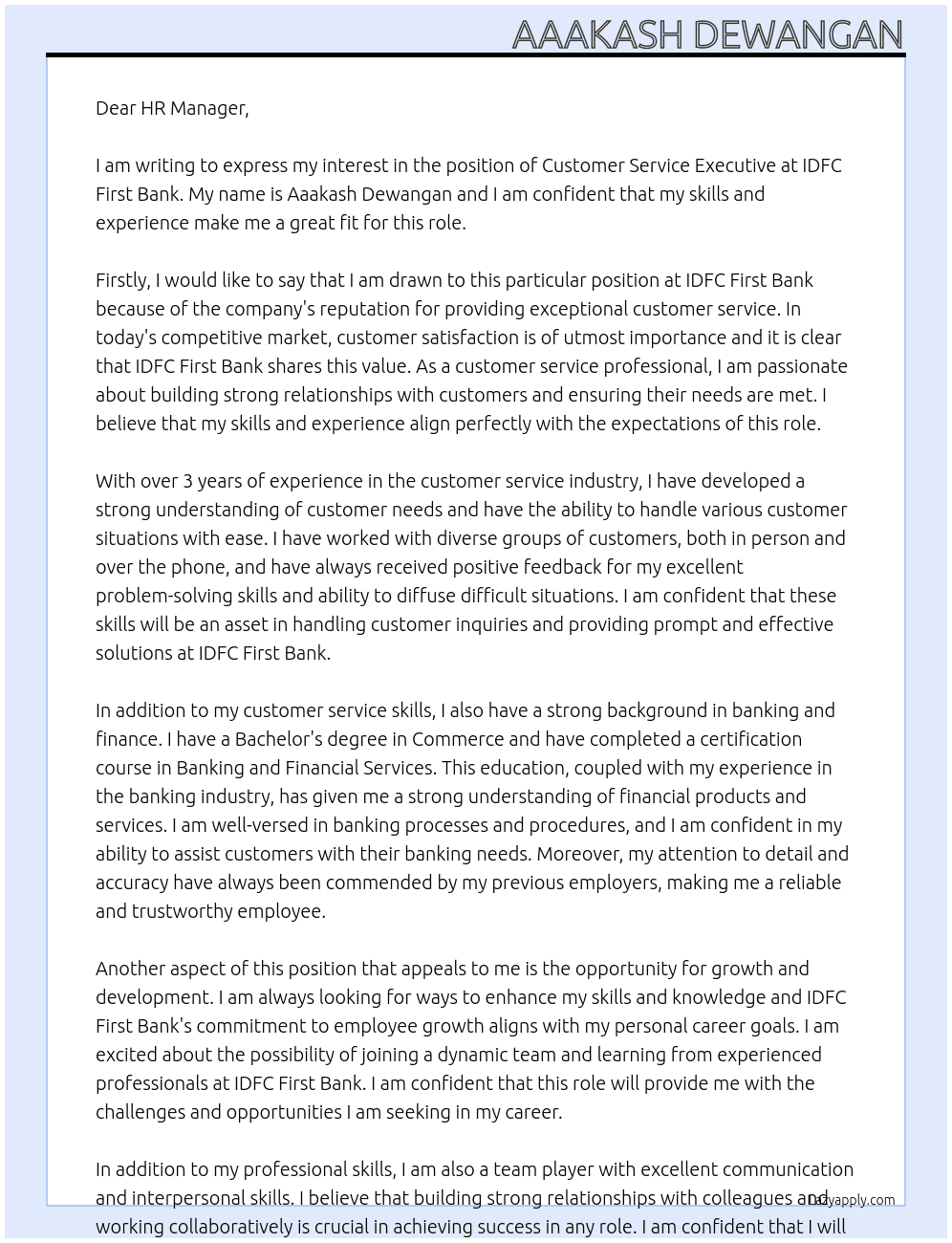 Customer Service Executive At IDFC FIrst Bank Cover Letter