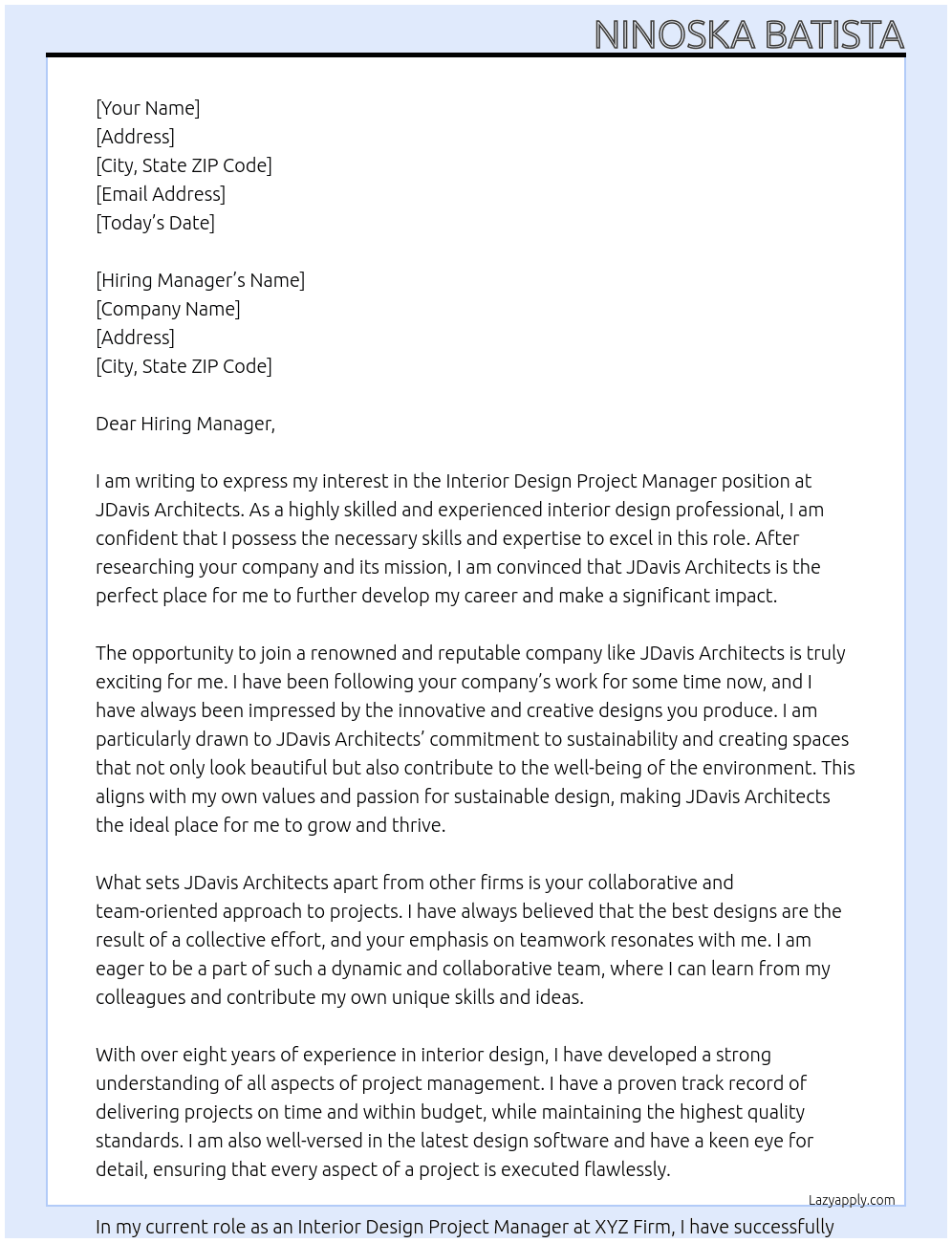 Interior Design Project Manager At JDavis Architects Cover Letter