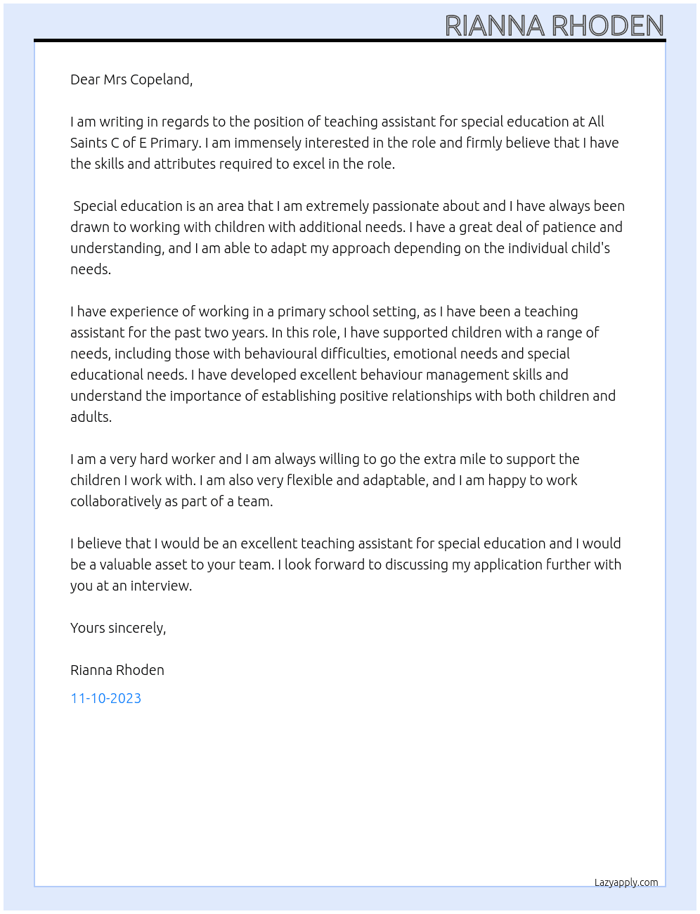 Teaching assistant Special education  At All Saints C of E Primary Cover Letter