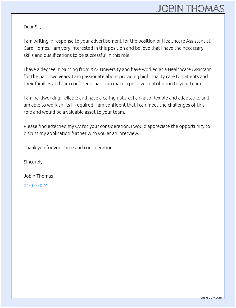 Heal Care Assistant At Care homes Cover Letter