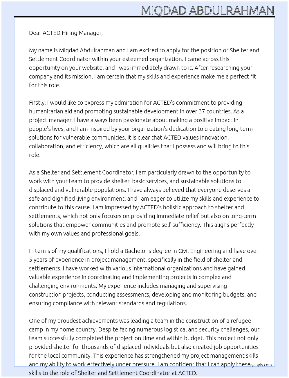 Shelter and Settlement Coordinator  At ACTED Cover Letter