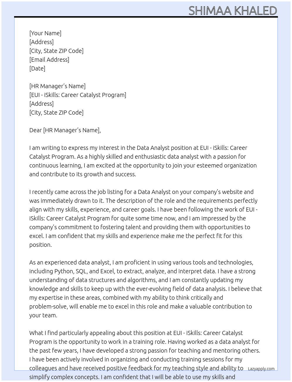 Data Analyst At EUI - iSkills: Career Catalyst Program Cover Letter