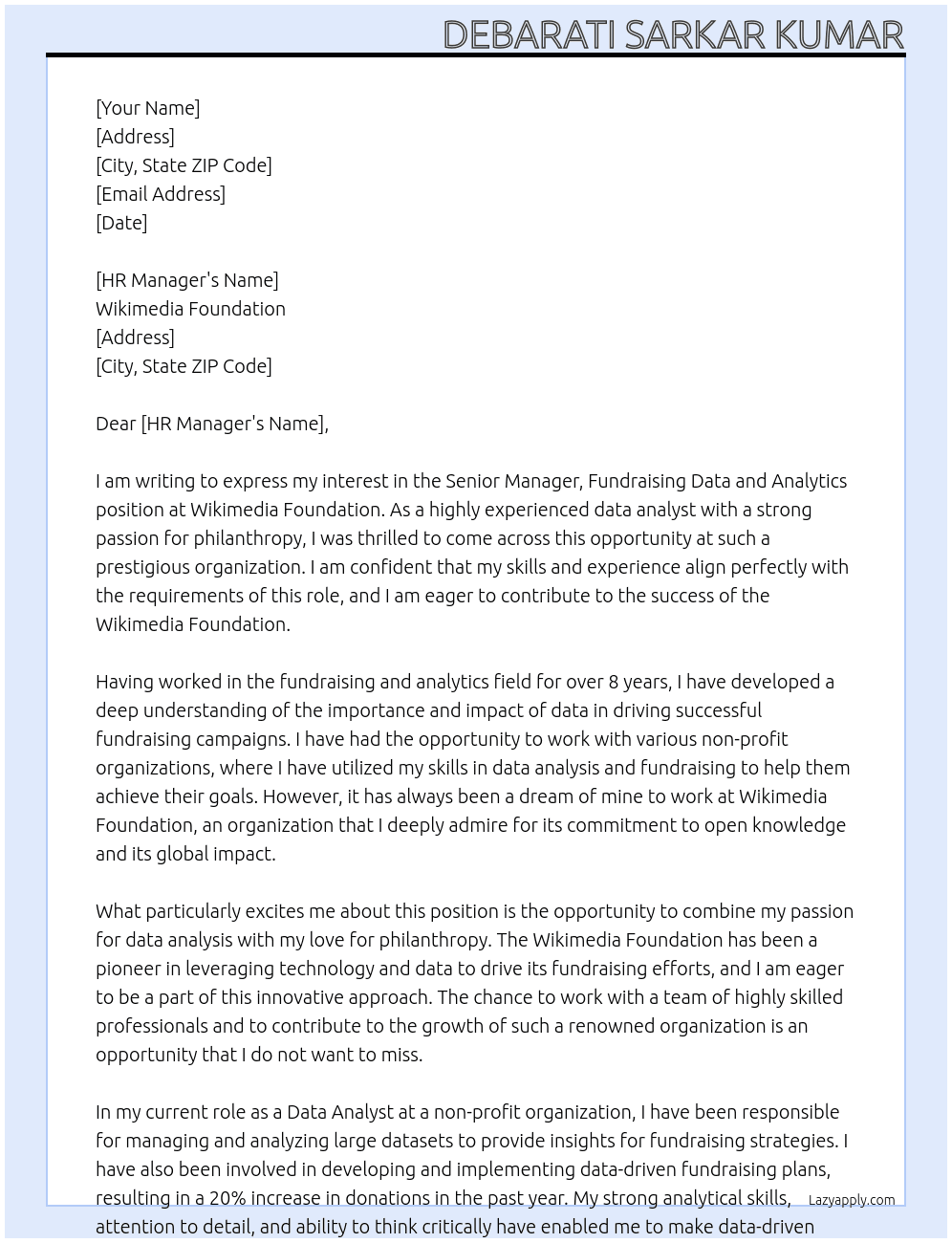 Senior manager,fundraising data and analytics At Wikimedia foundation  Cover Letter