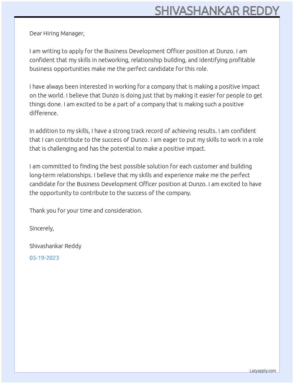 Business development officer  At Dunzo Cover Letter