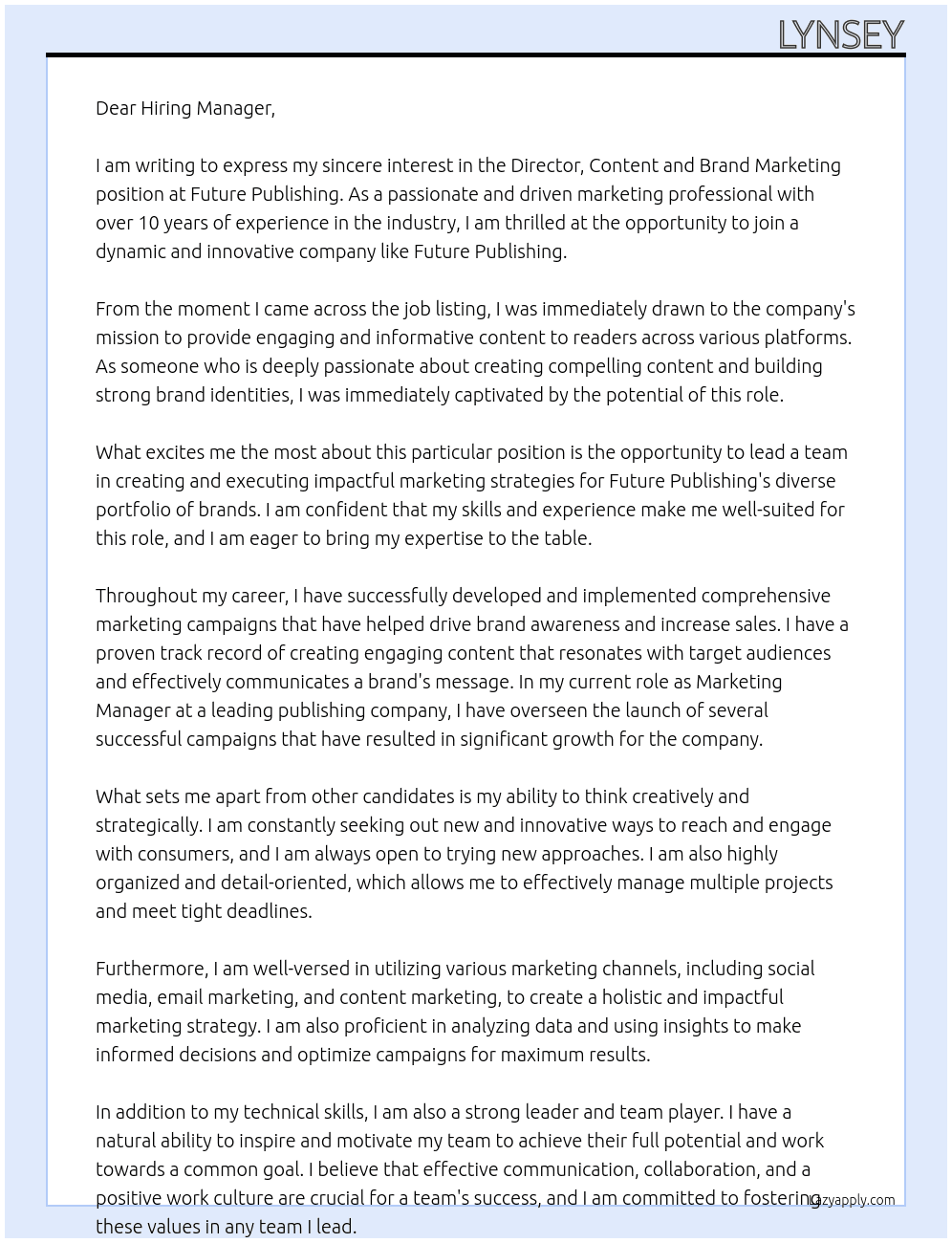 Director, Content and Brand Marketing At Future Publishing Cover Letter