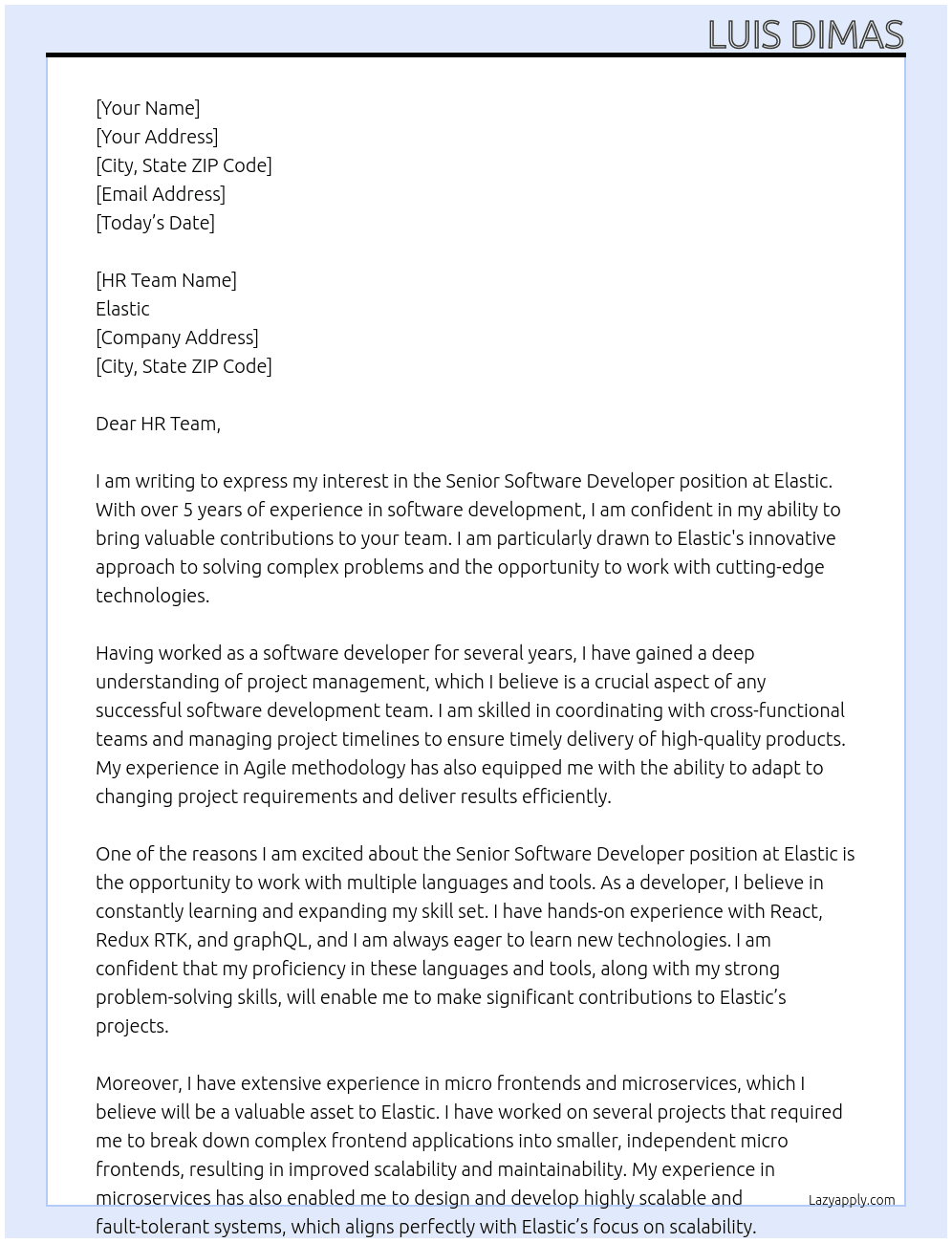 Senior software developer At elastic Cover Letter