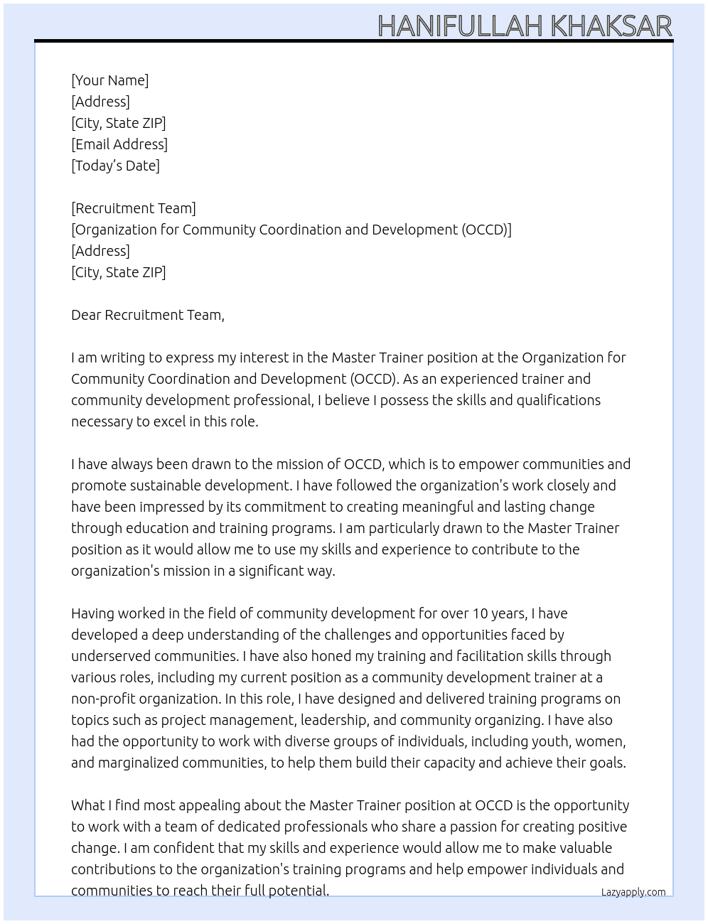 Cover letter for master trainer - LazyApply