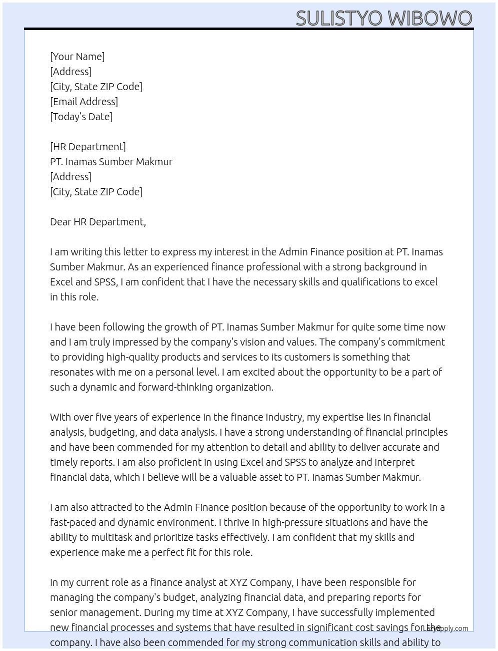 Admin Finance At PT. Inamas Sumber Makmur Cover Letter