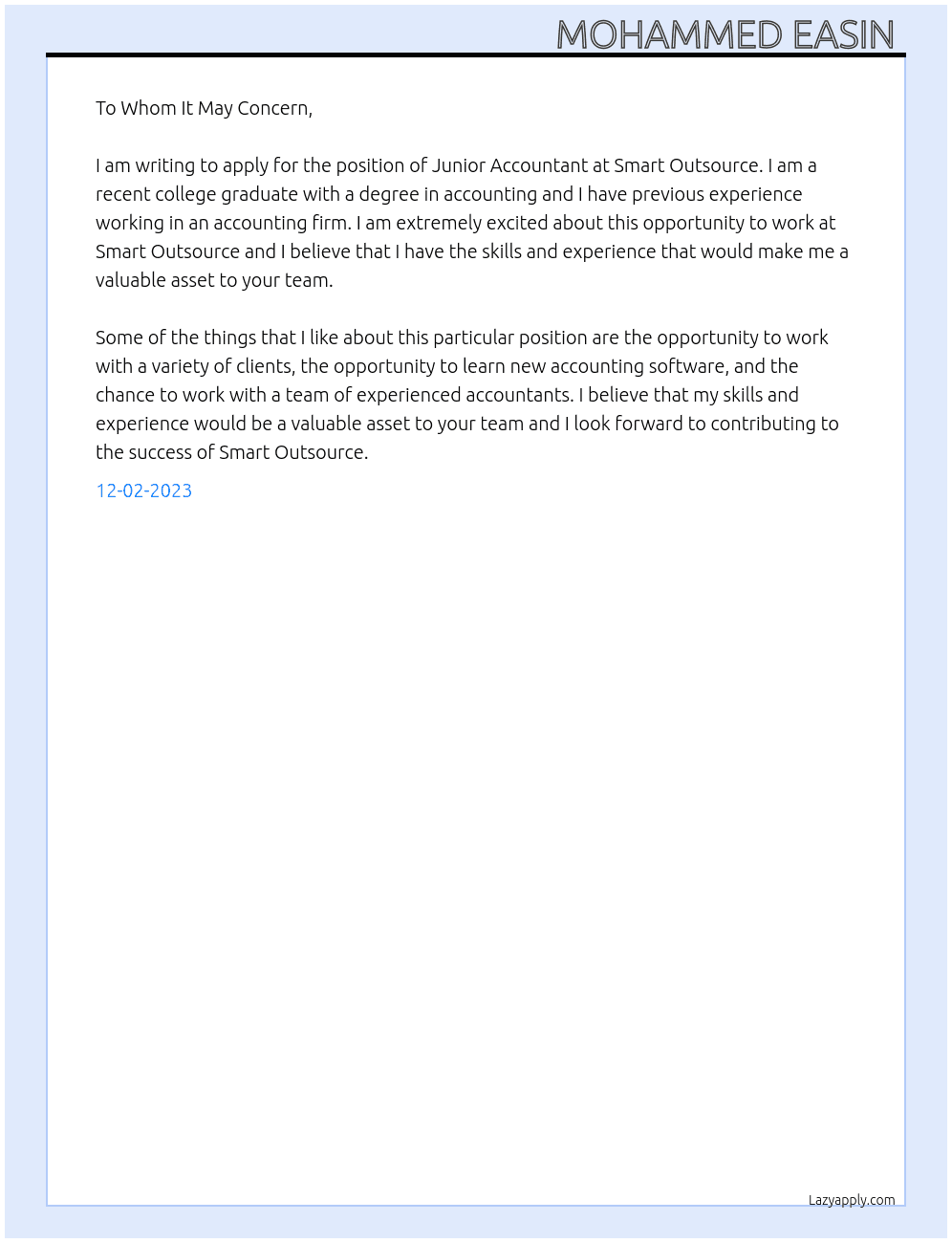 Junior Accountant  At Smart Outsource  Cover Letter