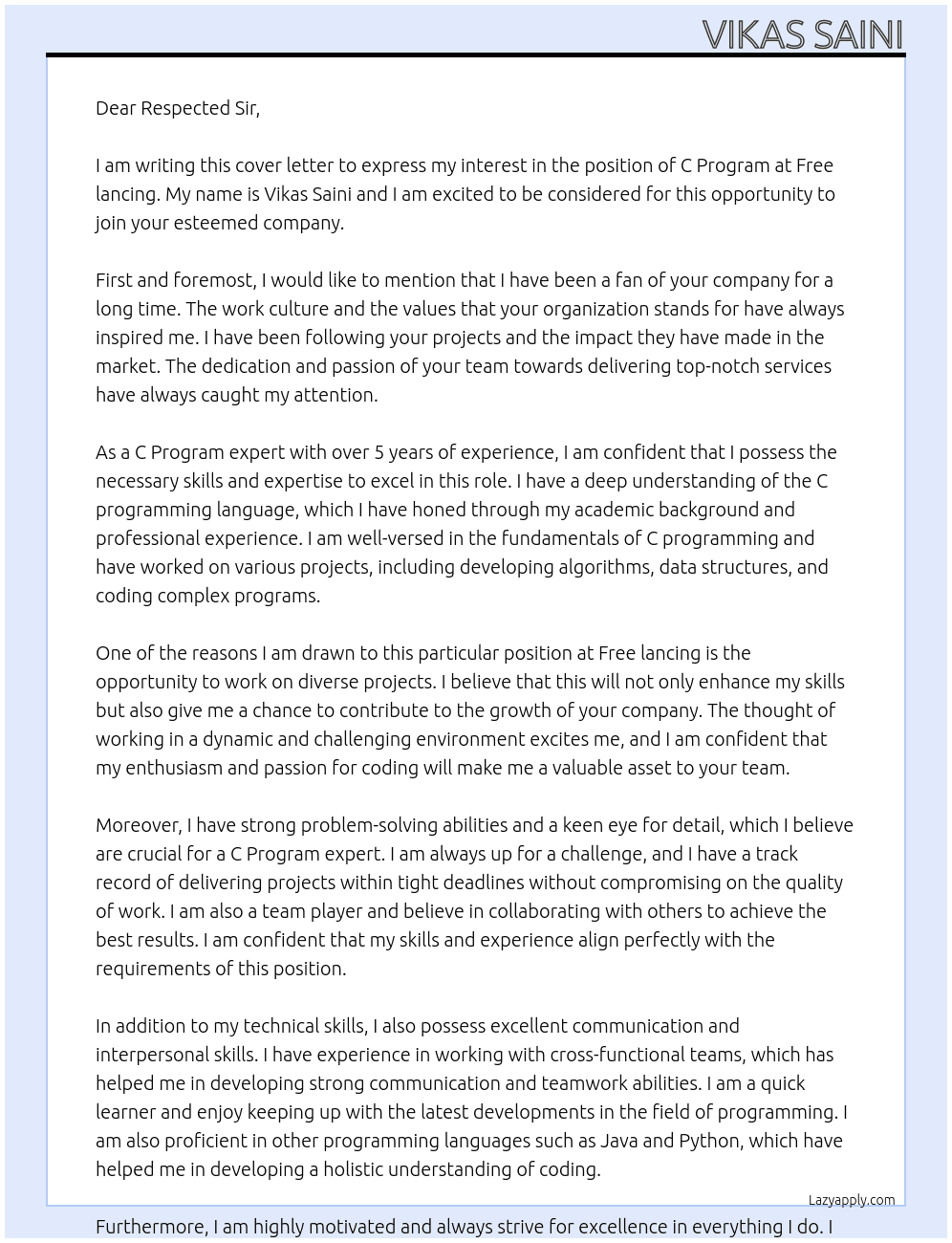 C program  At Free lancing  Cover Letter