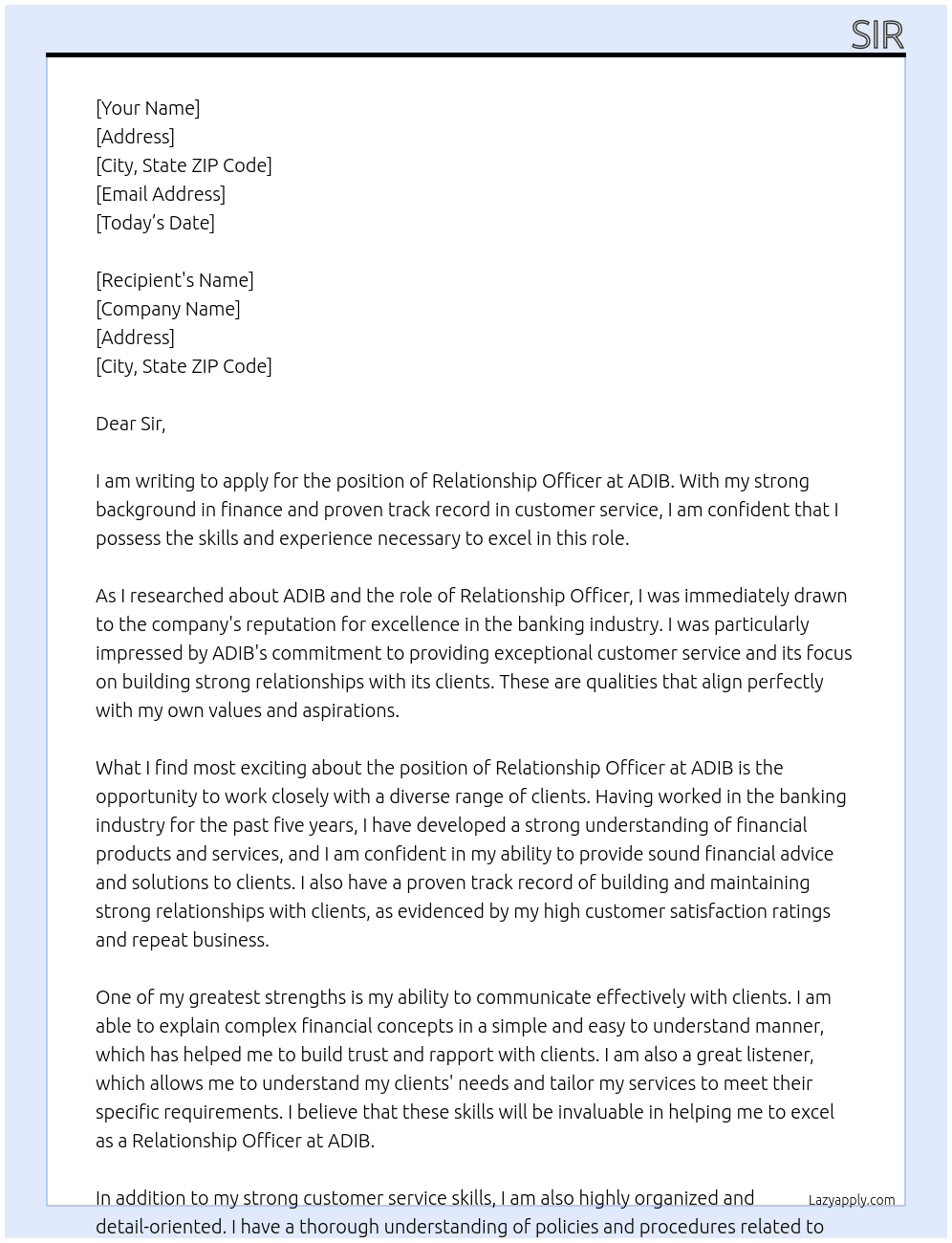 Relationship Officer  At ADIB Cover Letter