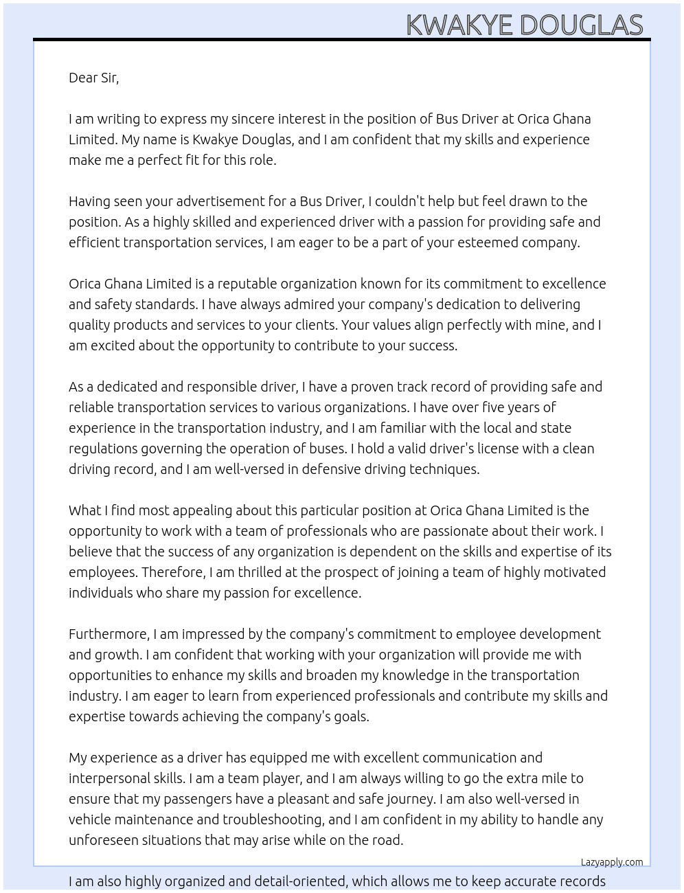 Bus Driver  At Orica Ghana Limited Cover Letter