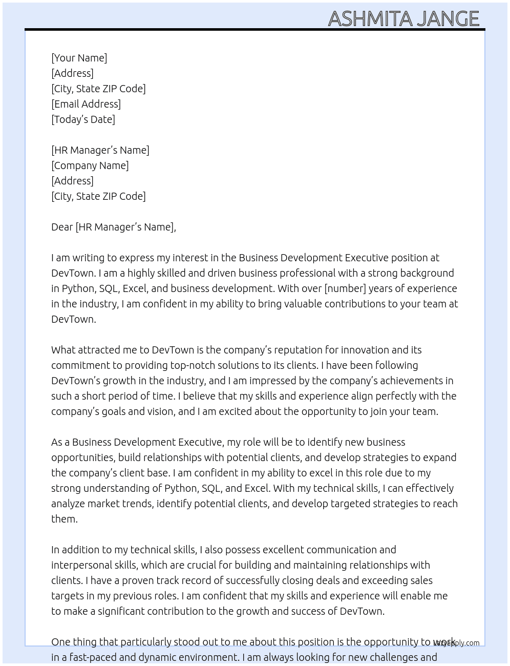 Business development executive  At DevTown  Cover Letter