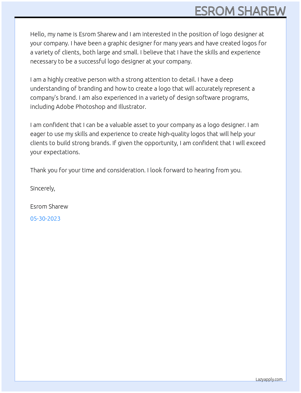 logo designer At private client Cover Letter